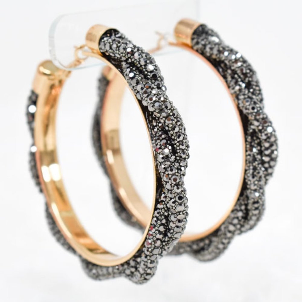 3" Braid Twist Hematite Rhinestone Hoop Earrings